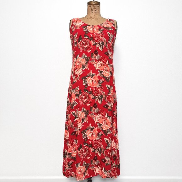 Express Dresses & Skirts - 90s Vintage Express Red Floral Sleeveless Maxi Dress Size 9/10 Medium